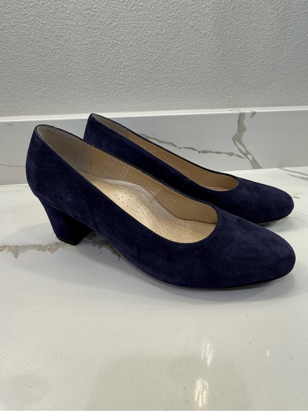 Eric Michael Dark Navy Suede Mid Block Heel Pumps